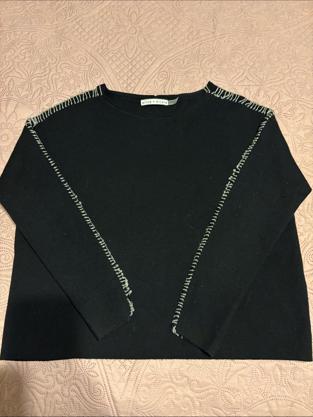 Alice + Olivia Black Crewneck Sweater with Contrast Stitching